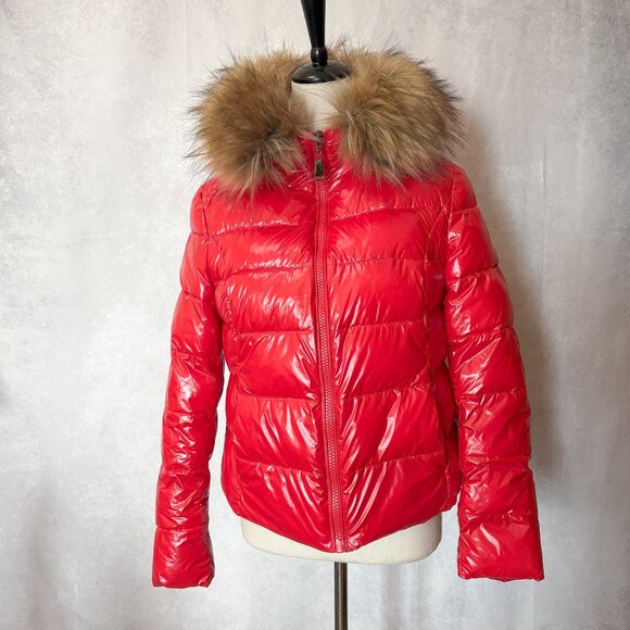 ZIAI Wet Look Red Puffer Hooded Jacket Coat Detachable Faux Fur Trim Size M - Picture 3 of 16